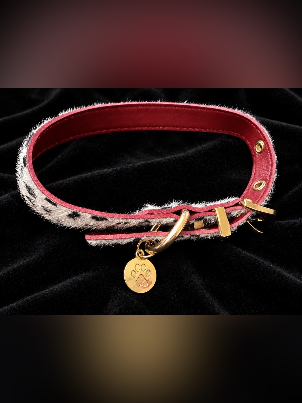 Gray and Black Leopard Print Vegan Leather Dog Collar with Gold Paw Charm